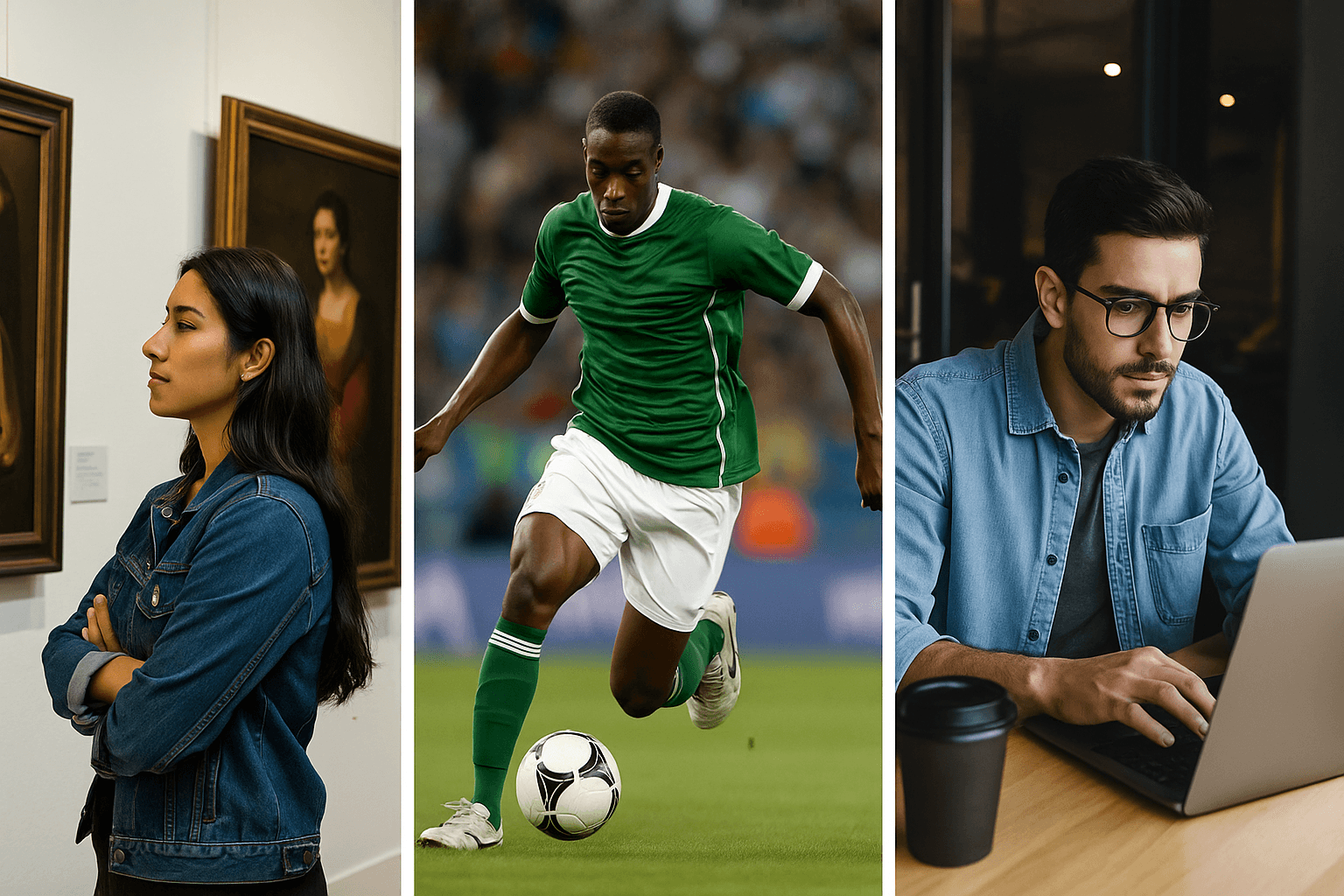 Fotografía tripartita que representa la cultura mexicana, destacando elementos de arte, deportes y tecnología.