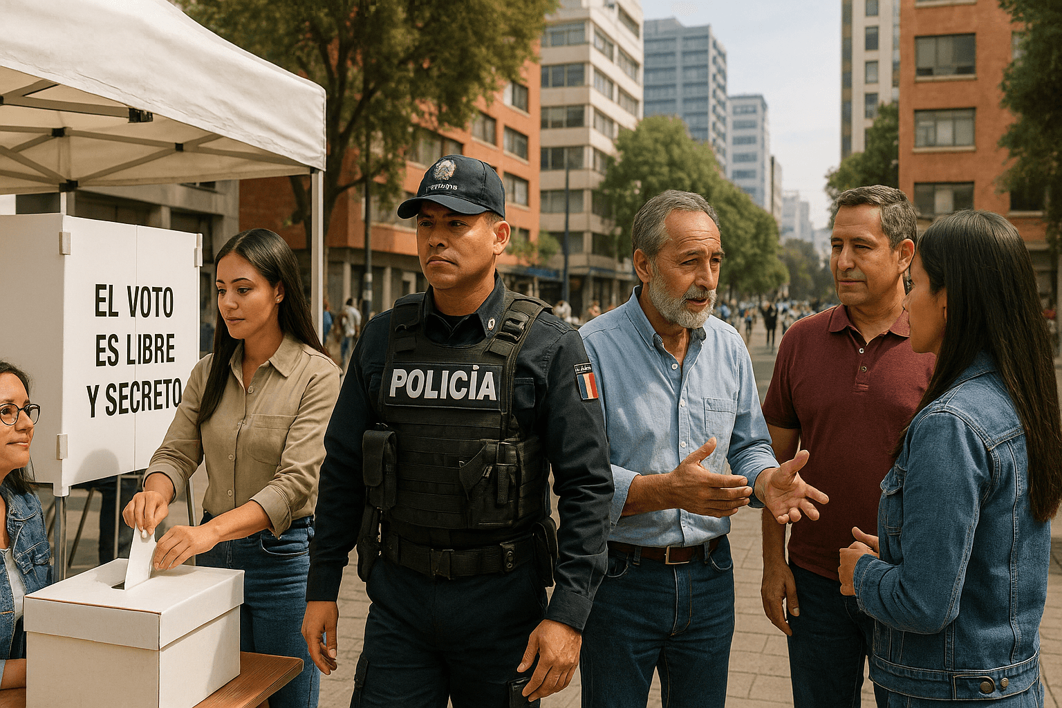 Fotografía digital de alta resolución que captura una escena de comunidad en un entorno urbano mexicano. Muestra a un grupo diverso de personas interactuando, con elementos relacionados con la política, la seguridad y la comunidad, como un puesto de votación, un oficial de policía patrullando y personas participando en actividades locales. La imagen tiene un estilo serio y profesional, reflejando un ambiente urbano moderno y colaborativo.